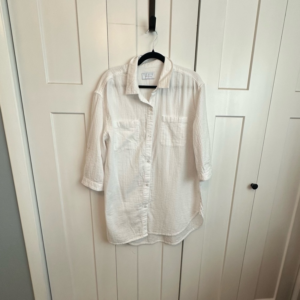 Talbots White Cotton Gauze Button-Front Shirt/ beach cover up